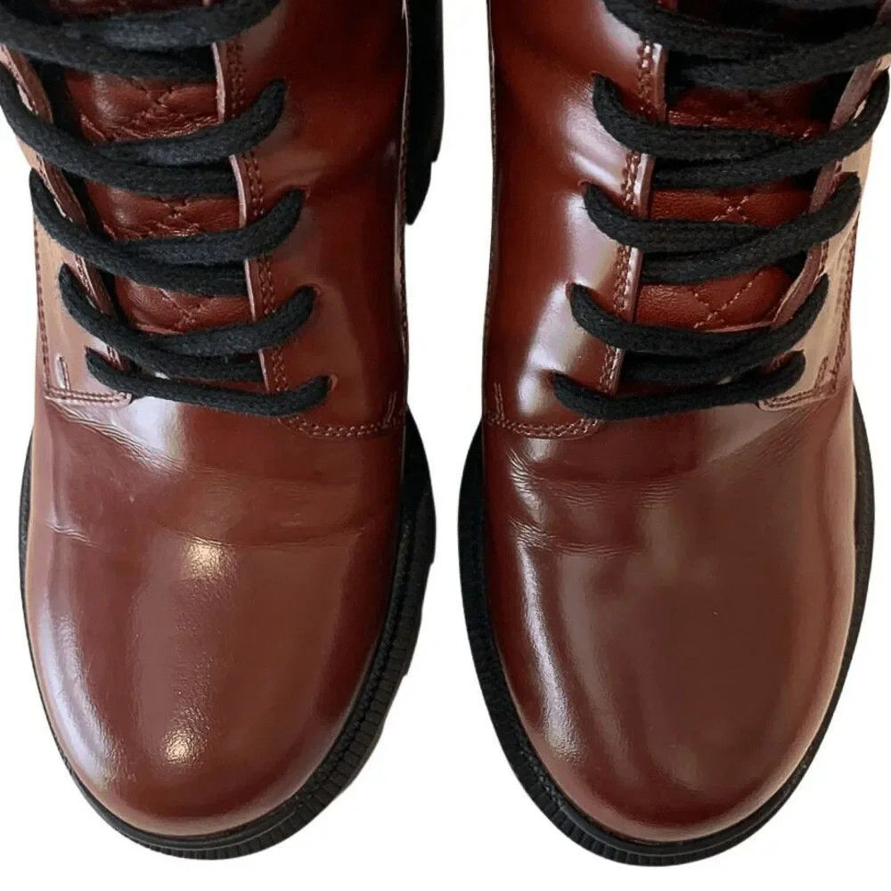 Gucci Magnum Garnet Red Patent Leather Lug Sole Lace Up Boots 37.5 Block Heel - Picture 5 of 12